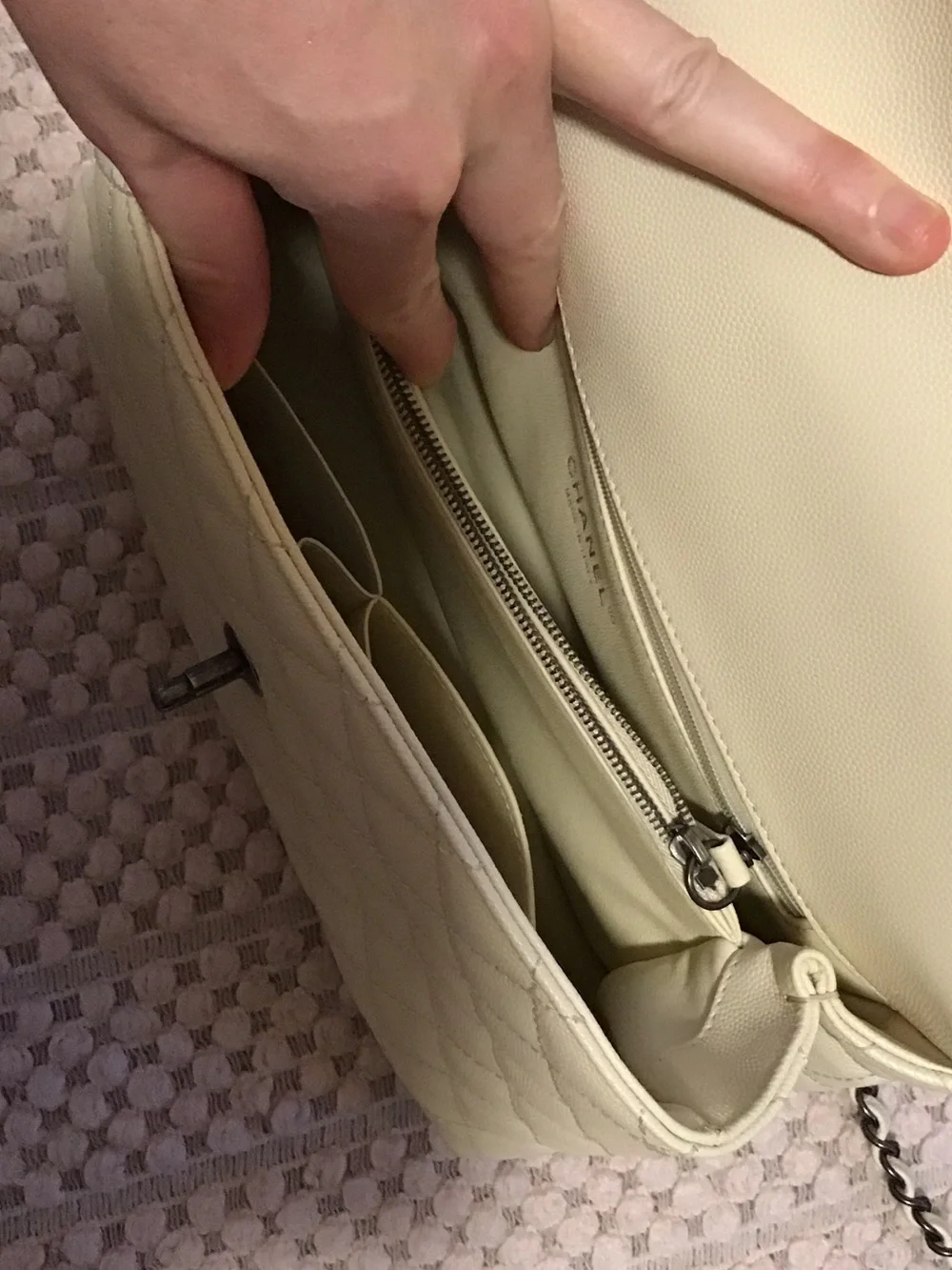CHANEL Cream Quilted Top-Handle Satchel with Bordeaux Handle